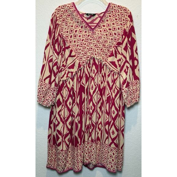 BTFBM Hot Pink/Cream Bohemian Dress 100% Rayon Geometric Print Size Large - Picture 1 of 3